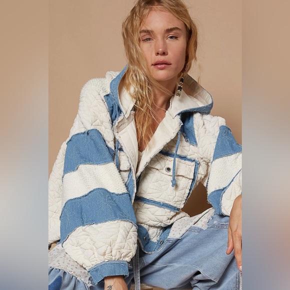 200. 🛑POL AT COST! quilted COAT JACKET wash denim blue cream mix fabric thermal - Picture 3 of 6